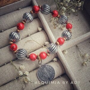 Red Turquoise Bracelet – 20 mm Silver Texture Focal, Wood & Large Silver Saint B